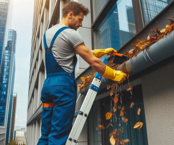 Man cleaning office gutter