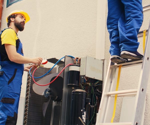 expert coworker servicing condenser scaled